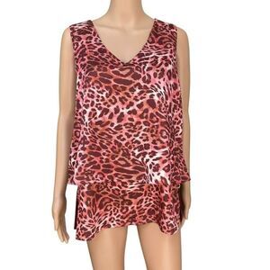 DG2 Diane Gilman Mixed-Media Double Layer Easy Tank blouse animal print 1X NWT